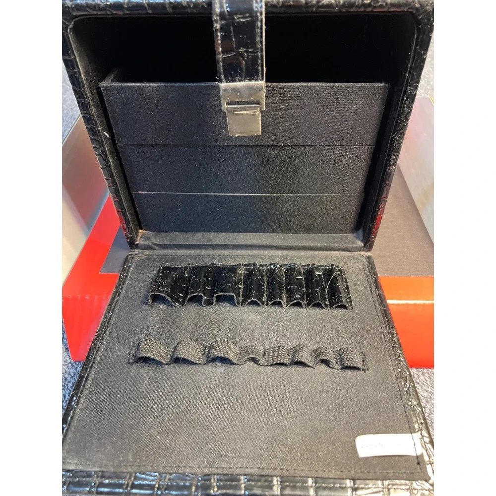 Black Faux Croc Embossed Makeup Train Case Jewelry Box with Mirror & Drawers